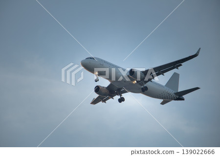 Front angled view of a commercial airplane descending with landing gear and lights visible, set against a muted cloudy sky, illustrating aviation operations and modern air transport systems. 139022666