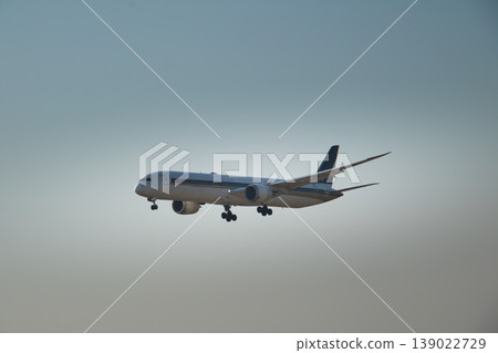 Commercial aircraft approaching runway with landing gear extended, captured in minimal sky setting with clean composition ideal for travel and aviation concepts. 139022729