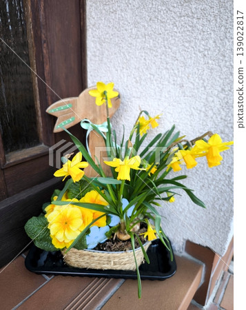 A spring flower arrangement in a basket with yellow daffodils, primroses and a wooden bunny on the porch of a house A spring flower arrangement in a basket with yellow daffodils, primroses and a wooden bunny on the porch of a house 139022817