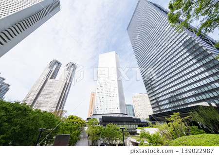 辦公區的風景仰望新鮮的綠色植物和摩天大樓 139022987