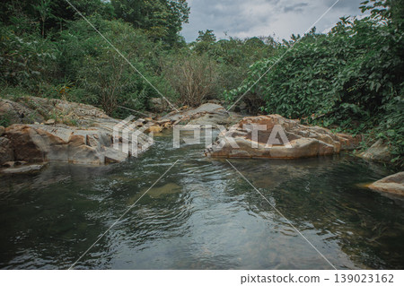 Clear freshwater stream flowing through natural rock formations in lush green forest. Peaceful tropical landscape symbolizing purity, environment, wilderness and untouched nature. Clear freshwater stream flowing through natural rock formations in lush green forest. Peaceful tropical landscape symbolizing purity, environment, wilderness and untouched nature. 139023162