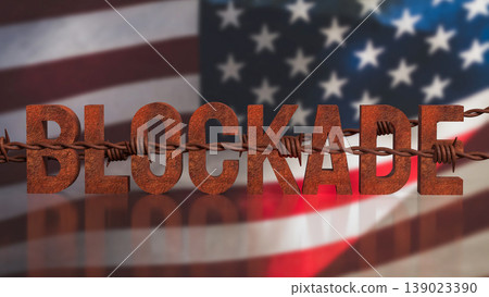 Rusty Blockade Concept With Barbed Wire Over American Flag 3d render. 139023390