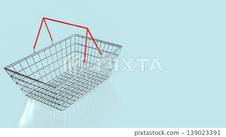Minimalist Wire Shopping Basket With Red Handles Isolated On Blue Background 3d render. 139023391