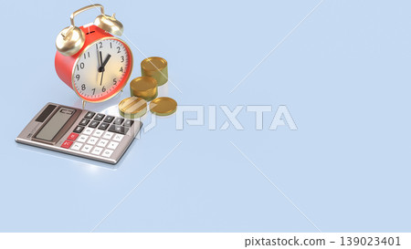 Time Management And Financial Planning Concept With Clock Coins And Calculator 3d render. Time Management And Financial Planning Concept With Clock Coins And Calculator 3d render. 139023401