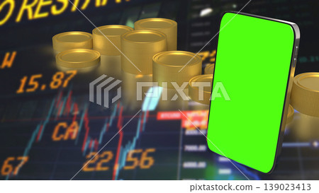 Mobile Trading and Investment Concept with Smartphone Green Screen and Financial Market Background 3d render. 139023413