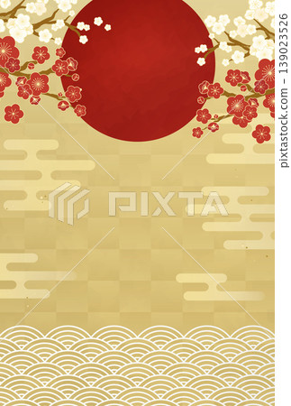 日式設計,以梅花和紅白背景為特色。新年賀卡模板。 日式設計,以梅花和紅白背景為特色。新年賀卡模板。 139023526