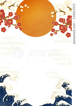 日式背景框，包含梅花、波浪和太陽圖案——新年賀卡模板 139023551