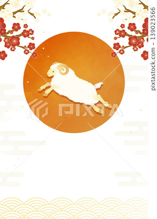 2027年(羊年)日式新年賀卡模板,以羊和梅花為背景插圖。 2027年(羊年)日式新年賀卡模板,以羊和梅花為背景插圖。 139023566