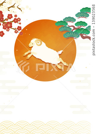 新年賀卡插畫，描繪了綿羊、梅花、松樹和日出。日式風格插畫。新年背景模板。 139023568