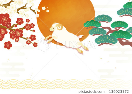 羊年新年賀卡背景插圖:日式設計,以跳躍的綿羊、梅花、松樹和太陽為特色。 羊年新年賀卡背景插圖:日式設計,以跳躍的綿羊、梅花、松樹和太陽為特色。 139023572