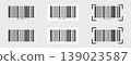 Set of barcode templates with scanner frames. Bar code labels isolated on transparent background. Visual data digital representation with product or manufacturer information. Vector illustration 139023587