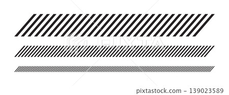 Set of separators with slash lines. Borders with oblique parallel stripes. Embroidery ornament with black slanted stitches on white background. Abstract geometric print. Vector graphic illustration 139023589