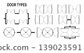 Set of open and closed door icons for floor plan. Entrance and exit signs in top view. Architecture elements for interior design draft isolated on white background. Vector graphic illustration 139023591