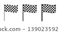 Set of winding race flags with checkered black and white texture. Start or finish signals on sport car competitions. Rally or motocross props isolated on white background. Vector graphic illustration 139023592