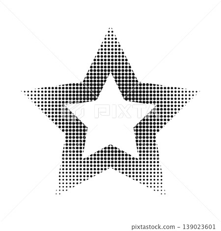Star frame with dotted borders. Starry shape with bitmap print and faded halftone texture isolated on black background. Decorative design element. Vector graphic illustration 139023601