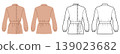 Cossack style blouse with high neckline, front button closure and long sleeves with gathered cuffs and defined waist shaping with belt detail. Technical fashion illustration in black and white and 139023682