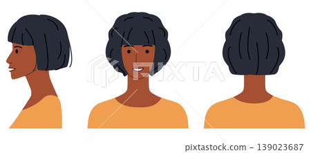 Curl Under Page Boy Bob hairstyle flat vector front back profile views, rounded haircut shape smooth curve for avatar Curl Under Page Boy Bob hairstyle flat vector front back profile views, rounded haircut shape smooth curve for avatar 139023687