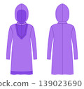Purple hooded long sleeve dress with decorative neckline detail, relaxed silhouette and clean construction lines, soft shaping and minimal structure. Technical fashion illustration in flat color 139023690
