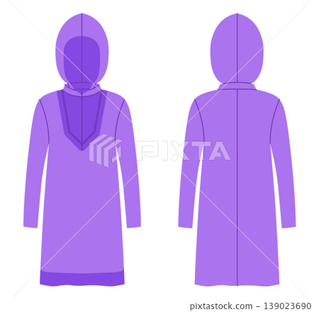 Purple hooded long sleeve dress with decorative neckline detail, relaxed silhouette and clean construction lines, soft shaping and minimal structure. Technical fashion illustration in flat color Purple hooded long sleeve dress with decorative neckline detail, relaxed silhouette and clean construction lines, soft shaping and minimal structure. Technical fashion illustration in flat color 139023690