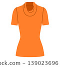 Orange short sleeve cowl neck top with draped neckline and fitted silhouette, soft folds shaping upper part and smooth structure. Technical fashion illustration front view. 139023696