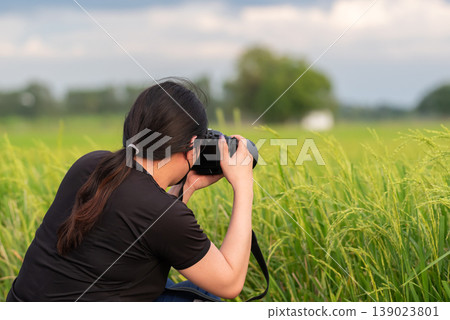 Person taking photos in lush rice field during daylight outdoor photography travel and nature exploration with calm rural landscape and soft natural light Person taking photos in lush rice field during daylight outdoor photography travel and nature exploration with calm rural landscape and soft natural light 139023801