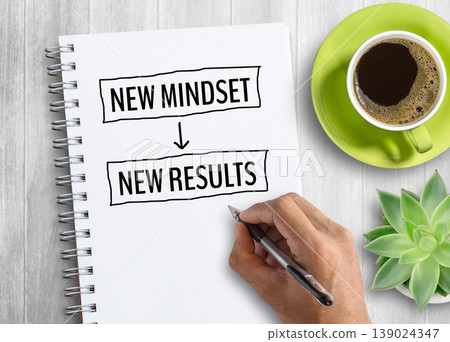 Top view handwriting text with New Mindset New Results Top view handwriting text with New Mindset New Results 139024347
