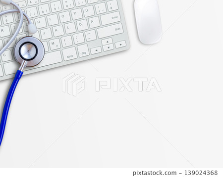 Keyboard with blue stethoscope on white table background.Computer servise and repair concept Keyboard with blue stethoscope on white table background.Computer servise and repair concept 139024368