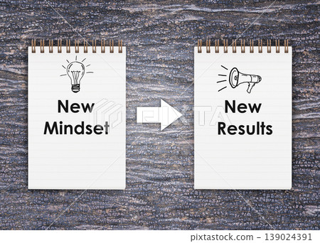 Top view notepad with New Mindset New Results text Top view notepad with New Mindset New Results text 139024391