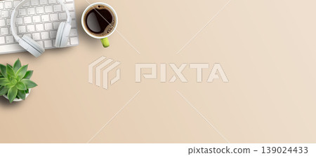 Top view with call center desktop,headset,coffee and accessories on brown background. Top view with call center desktop,headset,coffee and accessories on brown background. 139024433