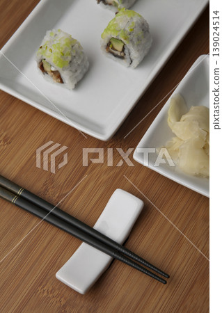 Fresh Sushi Selection Japanese Cuisine. Traditional Japanese Sushi Meal Presentation. Fresh Sushi Selection Japanese Cuisine. Traditional Japanese Sushi Meal Presentation. 139024514