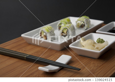 Fresh Sushi Selection Japanese Cuisine. Traditional Japanese Sushi Meal Presentation. Fresh Sushi Selection Japanese Cuisine. Traditional Japanese Sushi Meal Presentation. 139024515