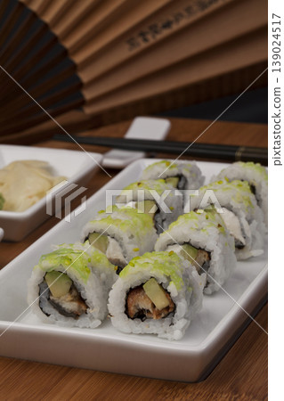 Fresh Sushi Selection Japanese Cuisine. Traditional Japanese Sushi Meal Presentation. Fresh Sushi Selection Japanese Cuisine. Traditional Japanese Sushi Meal Presentation. 139024517