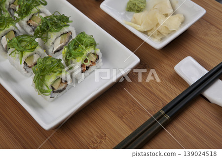 Fresh Sushi Selection Japanese Cuisine. Traditional Japanese Sushi Meal Presentation. Fresh Sushi Selection Japanese Cuisine. Traditional Japanese Sushi Meal Presentation. 139024518