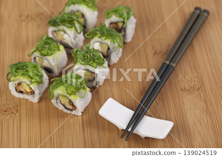 Fresh Sushi Selection Japanese Cuisine. Traditional Japanese Sushi Meal Presentation. Fresh Sushi Selection Japanese Cuisine. Traditional Japanese Sushi Meal Presentation. 139024519