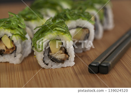 Fresh Sushi Selection Japanese Cuisine. Traditional Japanese Sushi Meal Presentation. Fresh Sushi Selection Japanese Cuisine. Traditional Japanese Sushi Meal Presentation. 139024520