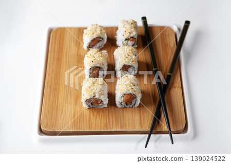 Fresh Sushi Selection Japanese Cuisine. Traditional Japanese Sushi Meal Presentation. Fresh Sushi Selection Japanese Cuisine. Traditional Japanese Sushi Meal Presentation. 139024522