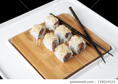 Fresh Sushi Selection Japanese Cuisine. Traditional Japanese Sushi Meal Presentation. Fresh Sushi Selection Japanese Cuisine. Traditional Japanese Sushi Meal Presentation. 139024524