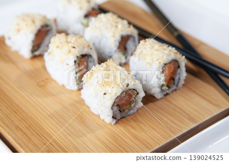 Fresh Sushi Selection Japanese Cuisine. Traditional Japanese Sushi Meal Presentation. Fresh Sushi Selection Japanese Cuisine. Traditional Japanese Sushi Meal Presentation. 139024525