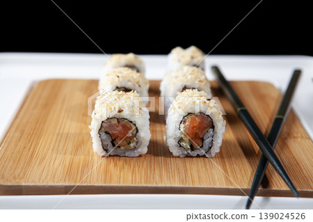 Fresh Sushi Selection Japanese Cuisine. Traditional Japanese Sushi Meal Presentation. Fresh Sushi Selection Japanese Cuisine. Traditional Japanese Sushi Meal Presentation. 139024526