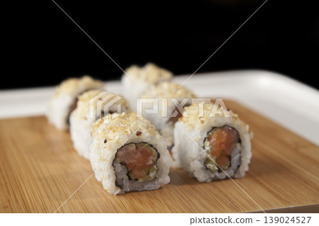 Fresh Sushi Selection Japanese Cuisine. Traditional Japanese Sushi Meal Presentation. Fresh Sushi Selection Japanese Cuisine. Traditional Japanese Sushi Meal Presentation. 139024527