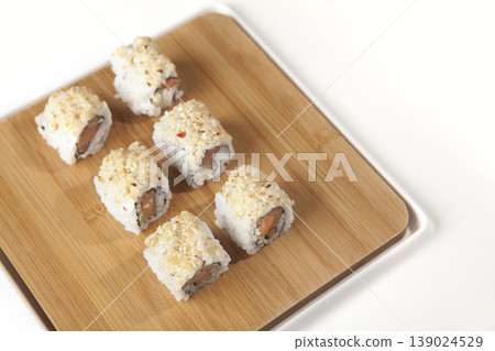 Fresh Sushi Selection Japanese Cuisine. Traditional Japanese Sushi Meal Presentation. Fresh Sushi Selection Japanese Cuisine. Traditional Japanese Sushi Meal Presentation. 139024529