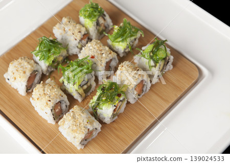 Fresh Sushi Selection Japanese Cuisine. Traditional Japanese Sushi Meal Presentation. Fresh Sushi Selection Japanese Cuisine. Traditional Japanese Sushi Meal Presentation. 139024533