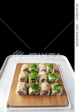 Fresh Sushi Selection Japanese Cuisine. Traditional Japanese Sushi Meal Presentation. Fresh Sushi Selection Japanese Cuisine. Traditional Japanese Sushi Meal Presentation. 139024534