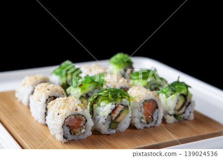 Fresh Sushi Selection Japanese Cuisine. Traditional Japanese Sushi Meal Presentation. Fresh Sushi Selection Japanese Cuisine. Traditional Japanese Sushi Meal Presentation. 139024536