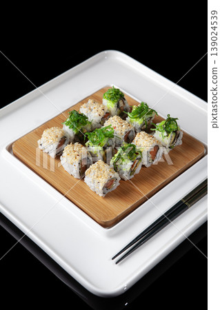 Fresh Sushi Selection Japanese Cuisine. Traditional Japanese Sushi Meal Presentation. Fresh Sushi Selection Japanese Cuisine. Traditional Japanese Sushi Meal Presentation. 139024539