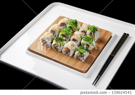 Fresh Sushi Selection Japanese Cuisine. Traditional Japanese Sushi Meal Presentation. Fresh Sushi Selection Japanese Cuisine. Traditional Japanese Sushi Meal Presentation. 139024541