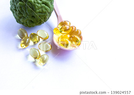 Omega 3 fish liver oil capsules on white background 139024557