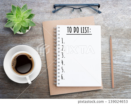 To do list 2023 on blank open book mock up on wood table background, To do list 2023 on blank open book mock up on wood table background, 139024653
