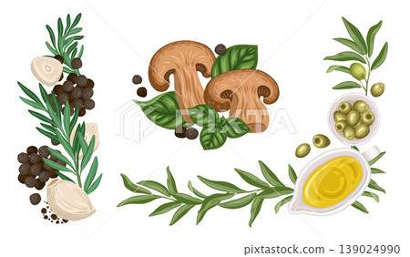 Vegetable composition set vector illustration. Hand drawn cartoon mushroom with olive oil and rosemary. Organic italian food for restaurant menu design. Natural kitchen product for culinary packaging. Vegetable composition set vector illustration. Hand drawn cartoon mushroom with olive oil and rosemary. Organic italian food for restaurant menu design. Natural kitchen product for culinary packaging. 139024990