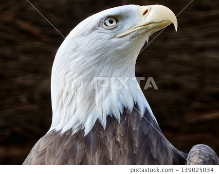 Closeup Of Eagle Head Showing Strength. Bald Eagle Profile Emphasizing Power And Sharp Features Closeup Of Eagle Head Showing Strength. Bald Eagle Profile Emphasizing Power And Sharp Features 139025034